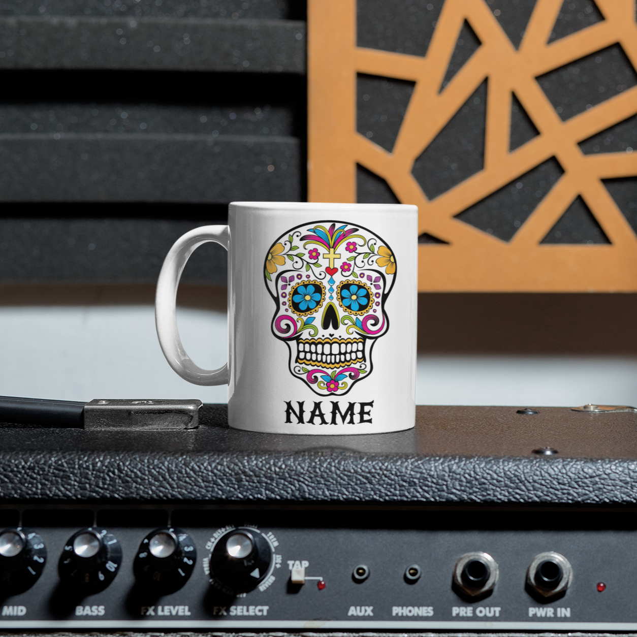 Sugar Skull Personalised Mug on an amplifier from NaughtyCard