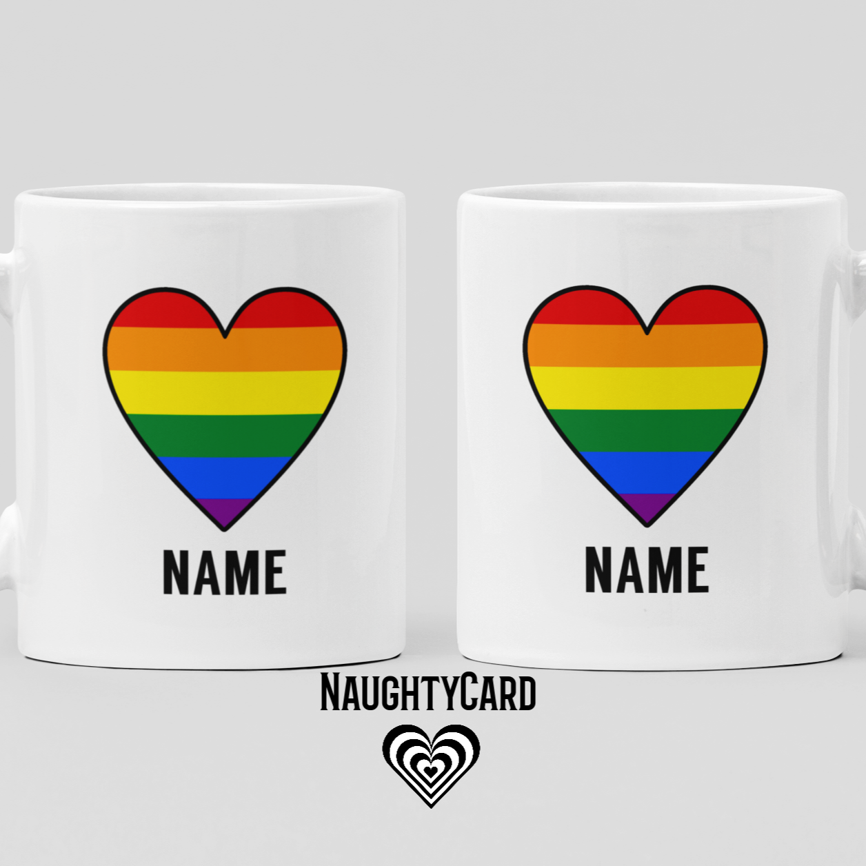 Front and back view of gay pride mug from naughty card