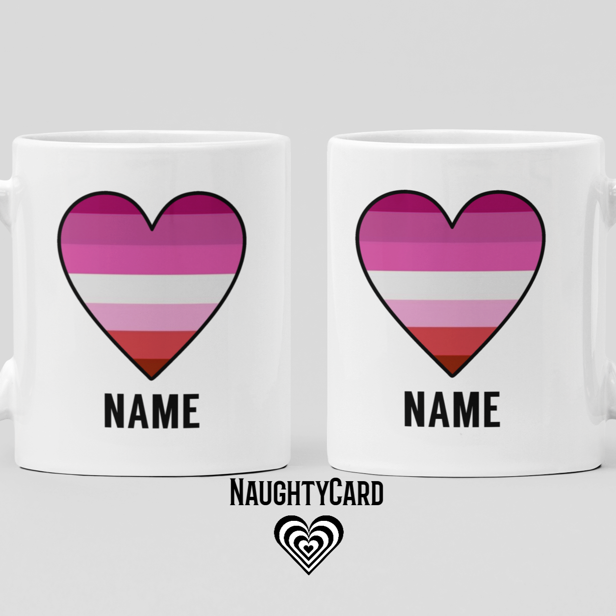 Pink Lesbian Pride Mug front and back on a plain background