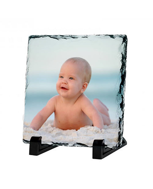 Custom Photo Slate 19cm x 19cm Personalised with any photo from NaughtyCard. Image of a baby on the beach and sea behind