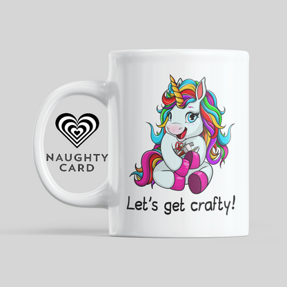 Lets Get Crafty Funny Unicorn mug from NaughtyCard. Designed for adults this is the perfect office birthday gift. Leaving Gift and ideal for secret santa. Christmas Gift. Handmade