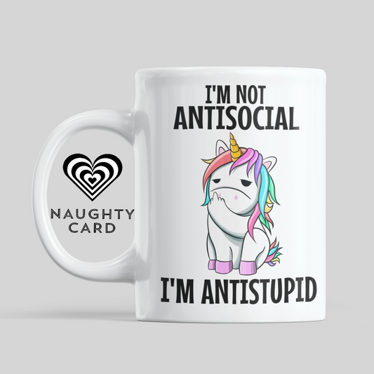 Antisocial Funny Unicorn mug from NaughtyCard. Designed for adults this is the perfect office birthday gift. Leaving Gift and ideal for secret santa. Christmas Gift